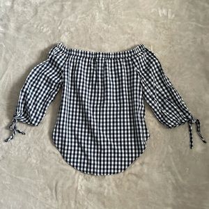 SO plaid off shoulder shirt